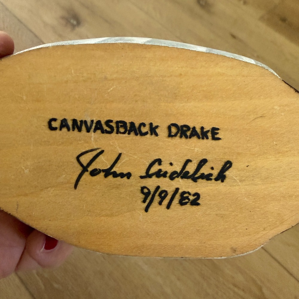 Vintage 1982 John Gideliih Hand Carved Wood Canvasback Drake Duck Decoy Signed
